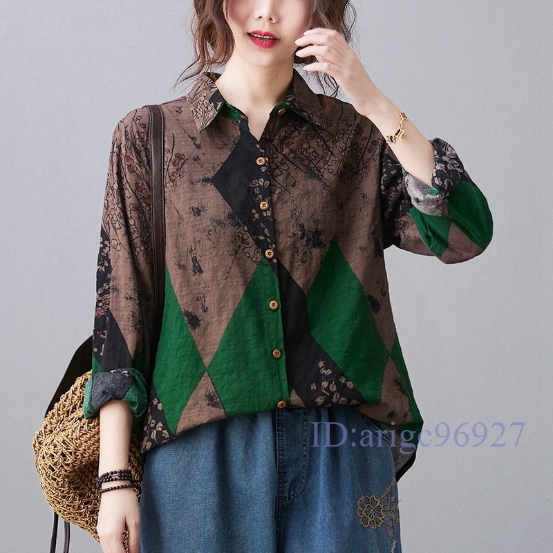 M867★新品春*カジュアル*プリント柄綿麻ゆったり大きいサイズ*長袖*シャツブラウス*緑「M~XXLサイズ」選べる/Mサイズ拍卖