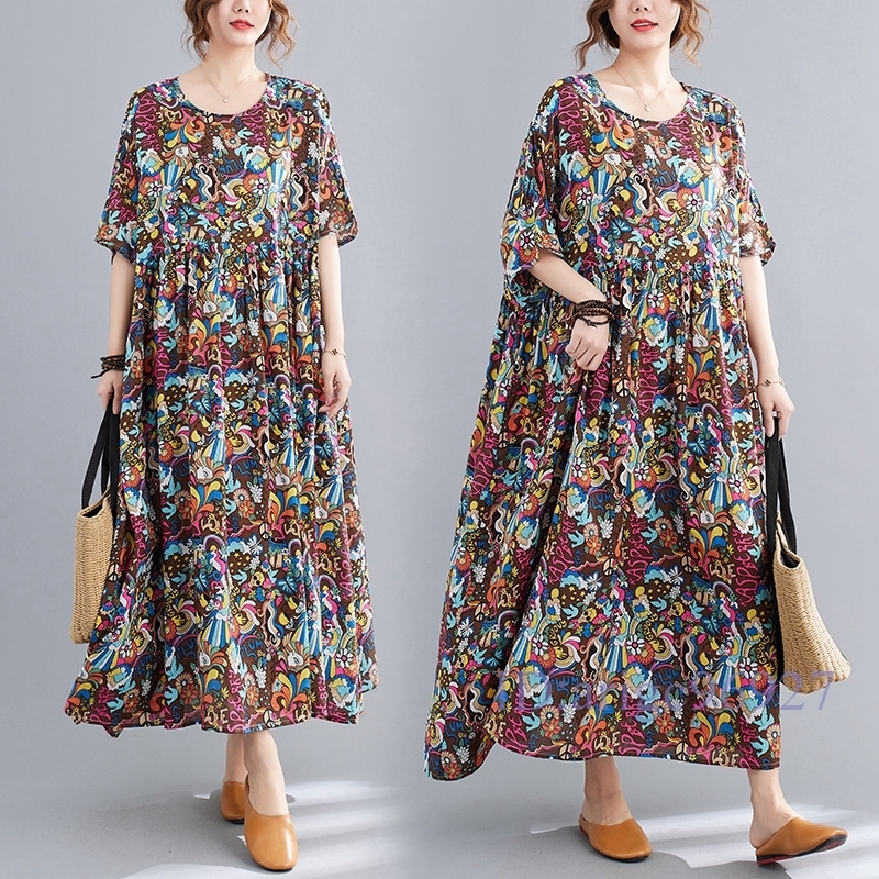 N365★新品夏*レディース*カジュアル*ゆったり大きいサイズ体型カバー*プリント花柄**半袖マキシロングワンピー*コーヒー拍卖