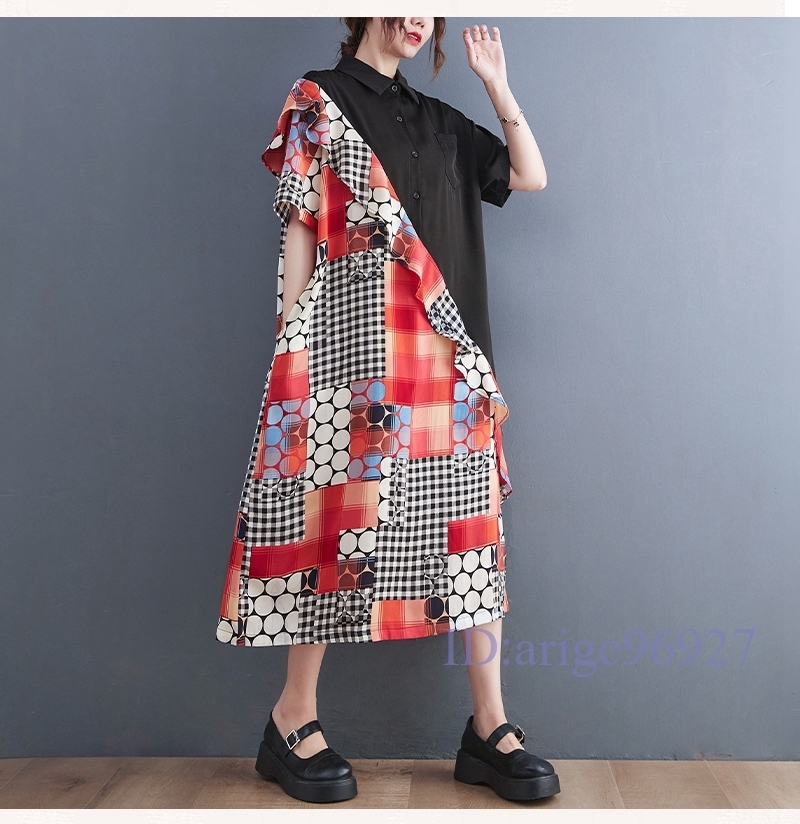 M901★新品春夏*カジュアル*ゆったり大きいサイズ体型カバー*花柄切り替えフリル半袖マキシロングシャツワンピース*黒拍卖