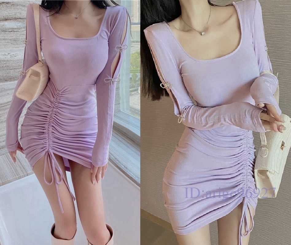 F139★*セクシー*エロかわ?袖開き*リボン型*ビジュー付*シャーリング仕様*オープンネック*タイトワンピース*紫*パープル拍卖