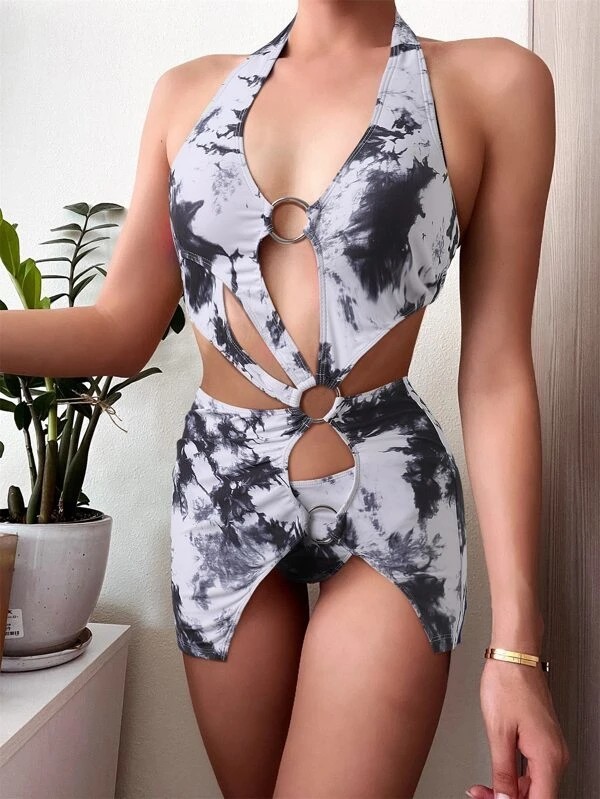 2ピースセット ビキニ ワイヤレスブラ 絞り染め ハイストレッチ カットアウト, リング拍卖