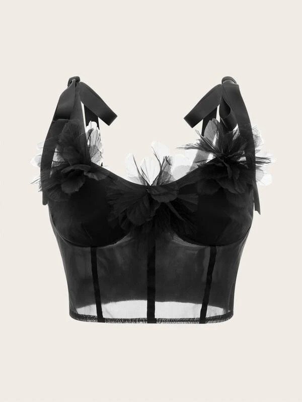 sexy♪ 花アップリケ タイ付きショルダー キャミトップ! ブラック拍卖