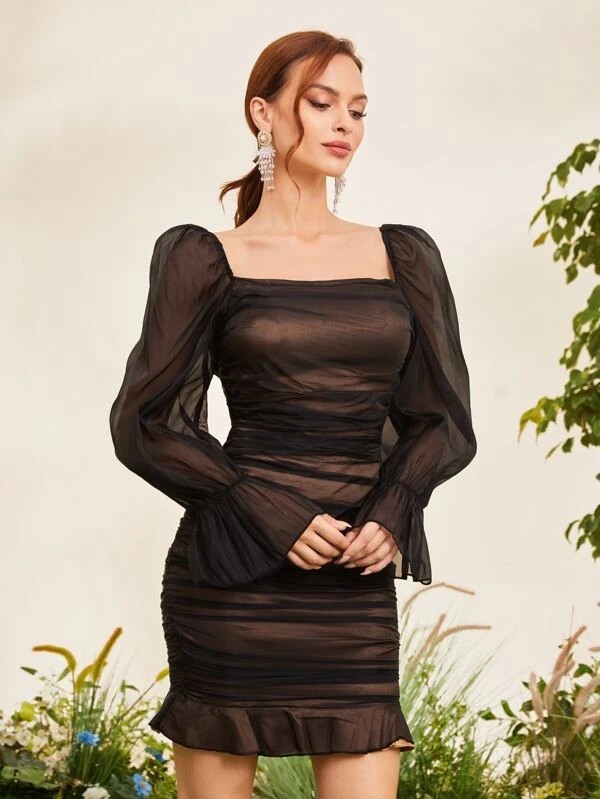 フラウンススリーブ フリル裾  メッシュオーバーレイ ボディコンドレス!  ブラック ファスナー拍卖