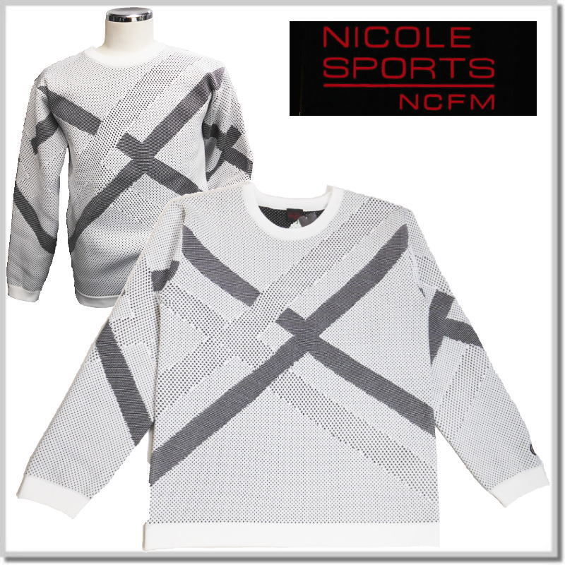 新品未使用! ニコルクラブフォーメン NICOLE CLUB FOR MEN NICOLE SPORTS パネル風バイヤスジャカードニット 3164-6030-09(WHITE)-46(M) 拍卖
