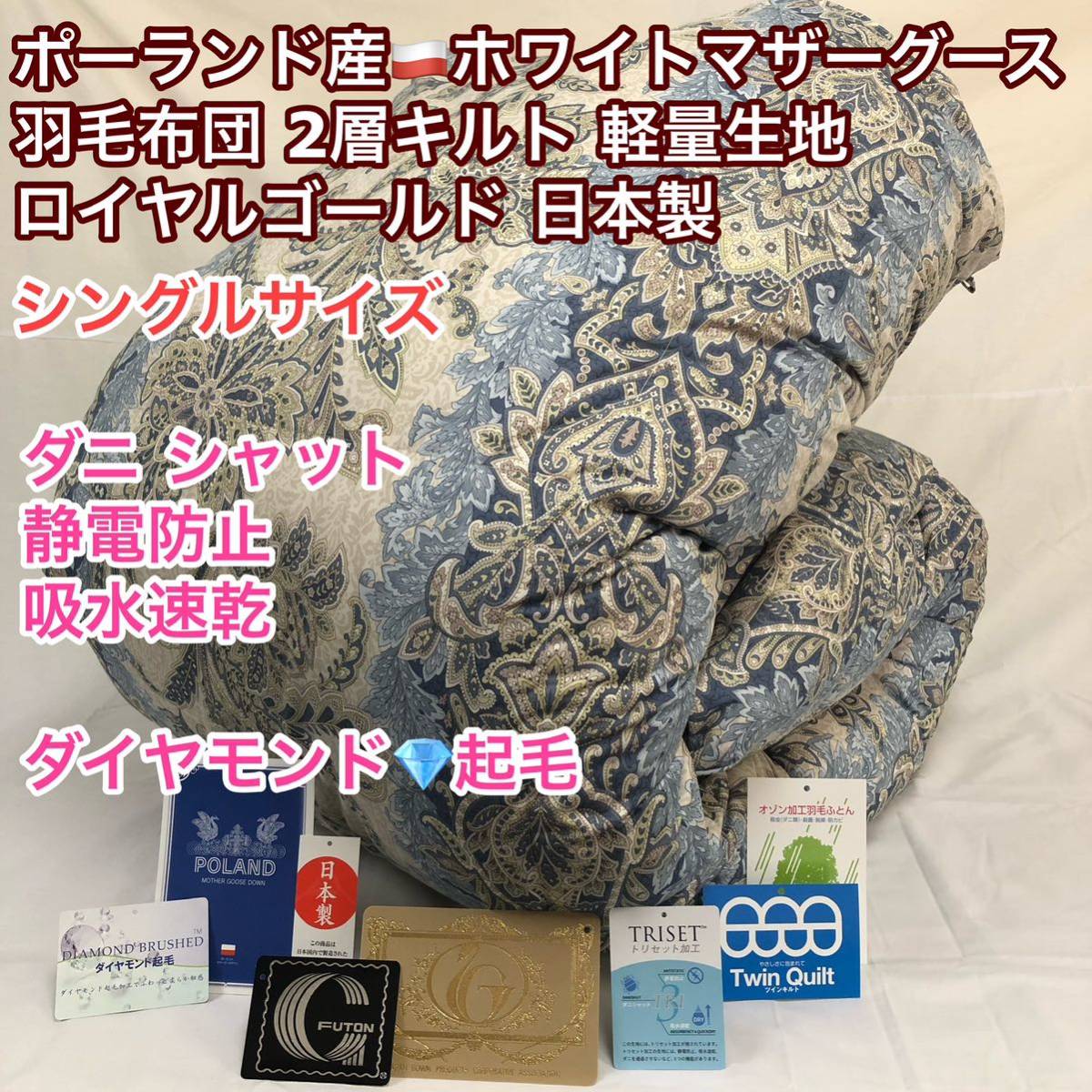 羽毛布団 シングル ポーランド産ホワイトマザーグース 軽量生地 26014ブルー拍卖