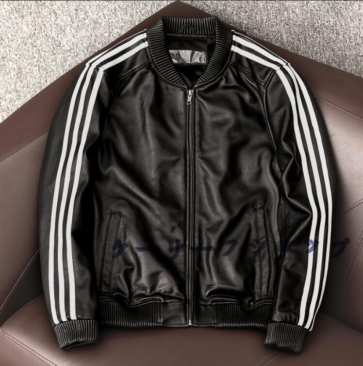 【ケーリーフショップ】レザージャケット 上品 本革 羊革 サイドライン ライダースジャケット 野球服 革ジャン S~4XL 黒拍卖