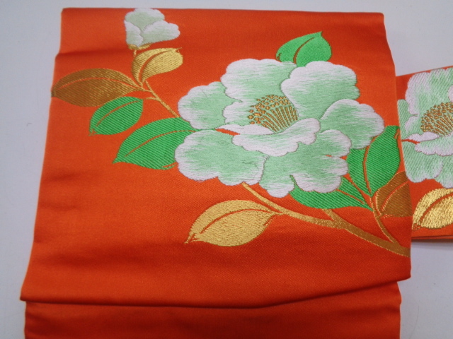 C463-80 名古屋帯 作り帯 二部式 金糸 刺繍 椿文拍卖