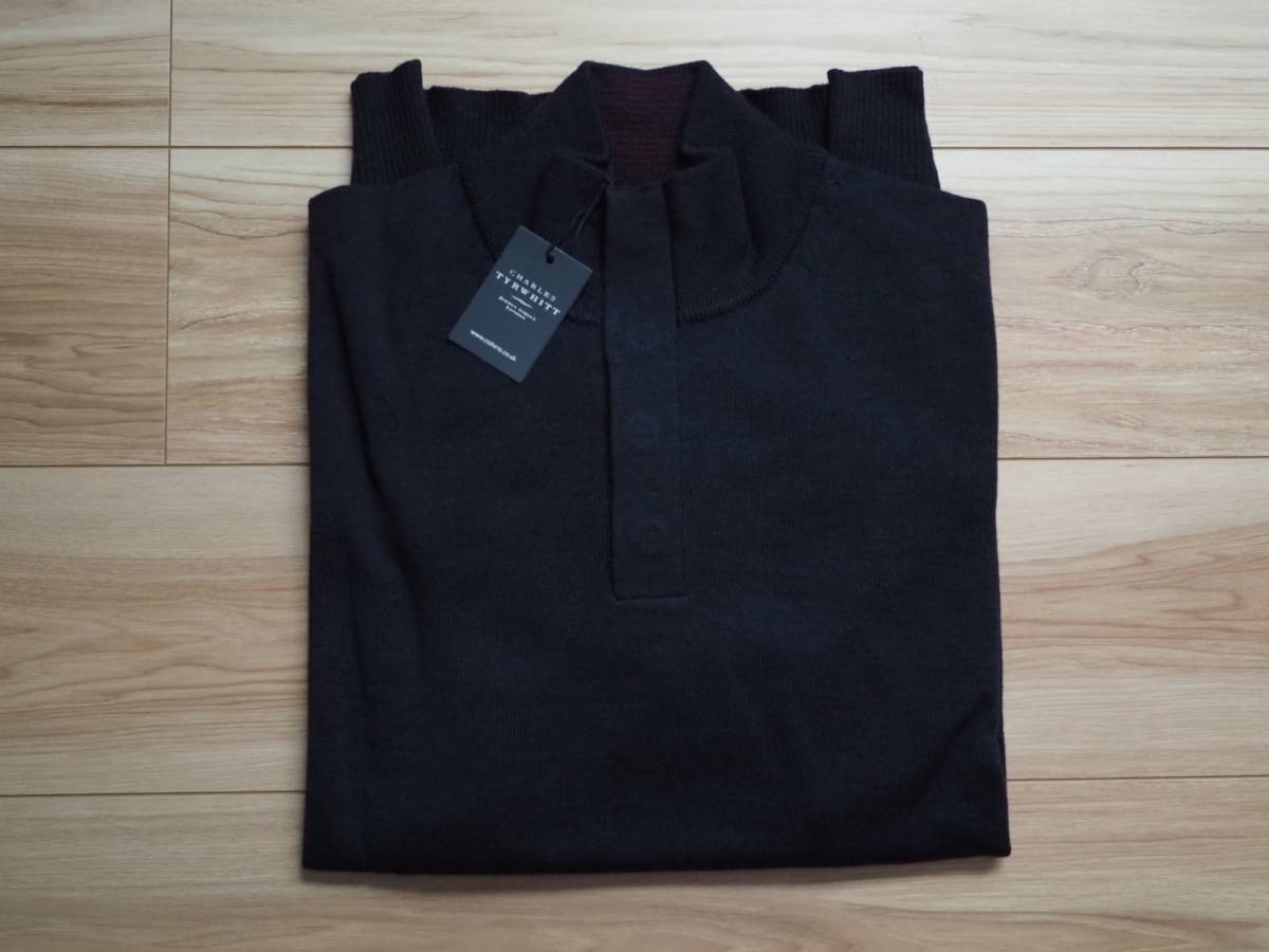 【未使用】 CHRLES TYRWHITT チャールズ・ティリット Navy Merino Button Neck エクストラファインメリノウール セーター 男性Lサイズ拍卖