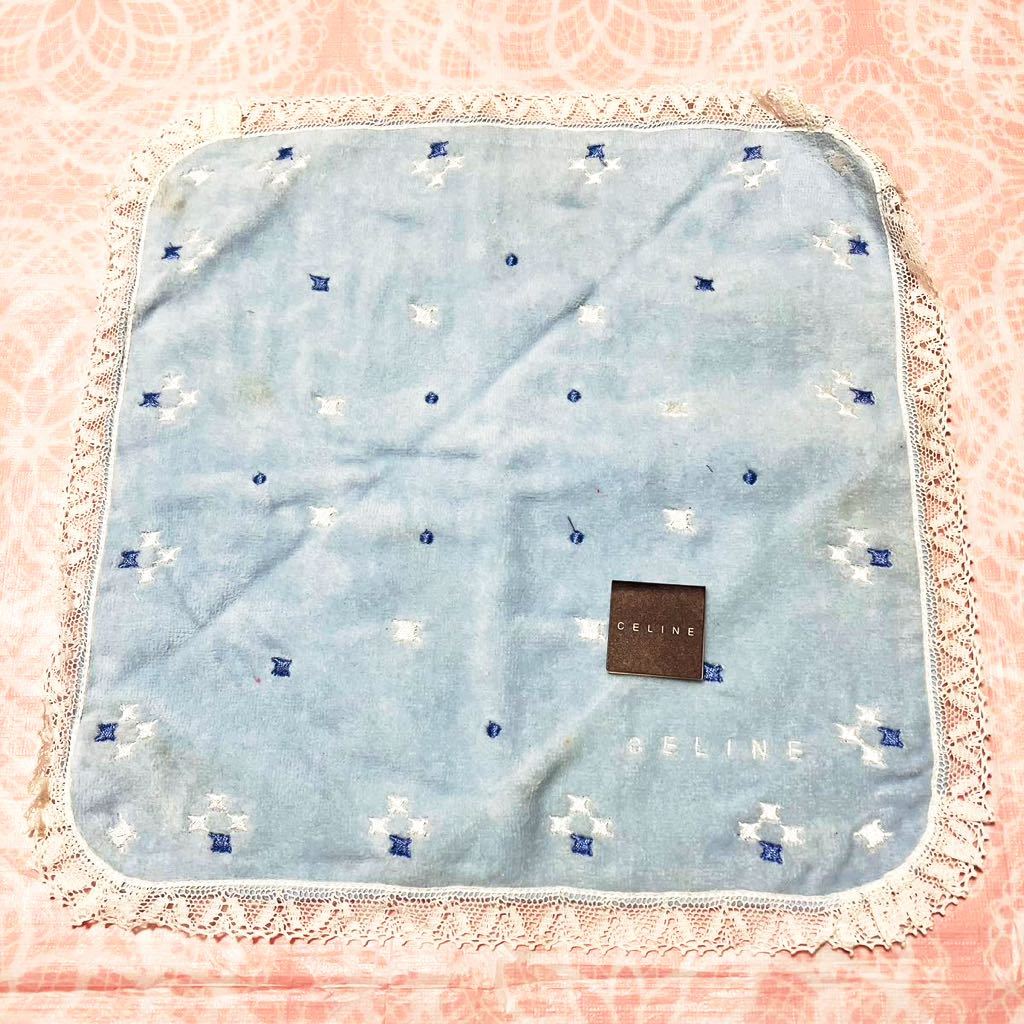 【レア】新品/CELINE/タオルハンカチ/正規品/セリーヌ/綿100%/未使用/即決あり/匿名発送/ハンドタオル/ハンカチ/マカダム柄/水色/訳あり拍卖