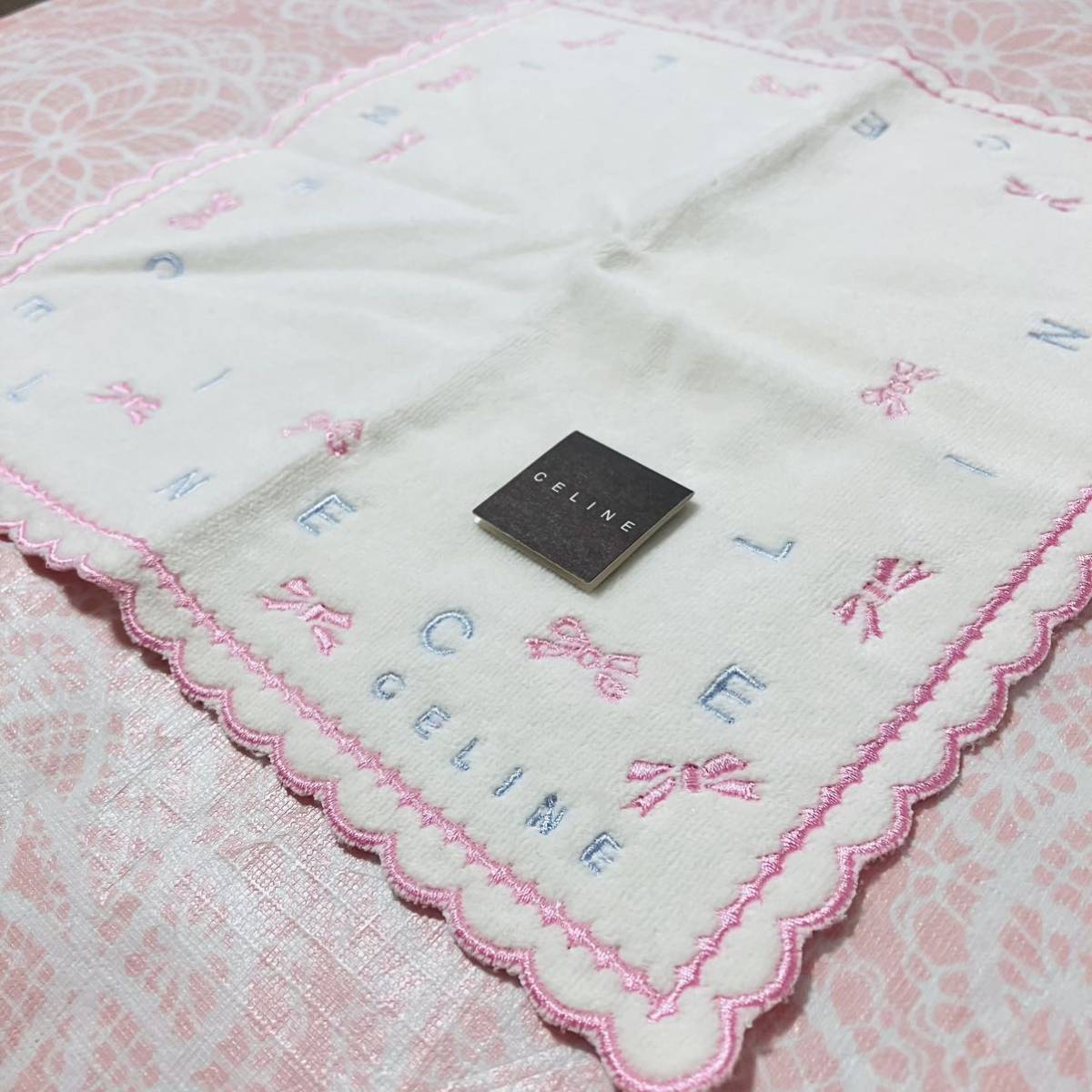 【レア】新品/CELINE/タオルハンカチ/正規品/セリーヌ/綿100%/未使用/即決あり/匿名発送/ハンドタオル/ハンカチ/マカダム柄/ピンク/リボン拍卖