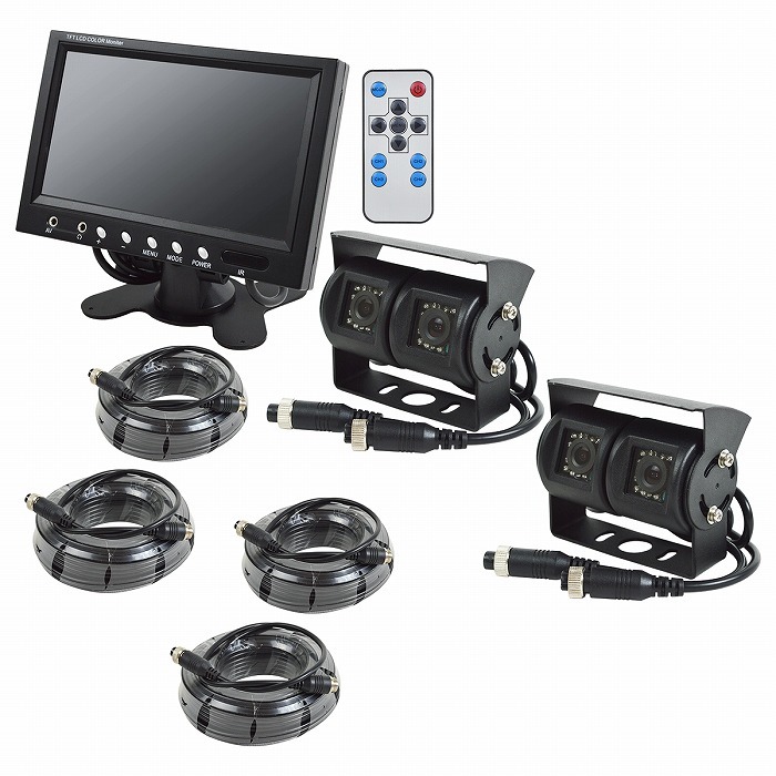 【7点セット】ノイズ防止配線 4画面 7インチ オンダッシュモニター + 暗視 LED CCD ツインレンズカメラ2個set 30m 延長ケーブル付拍卖