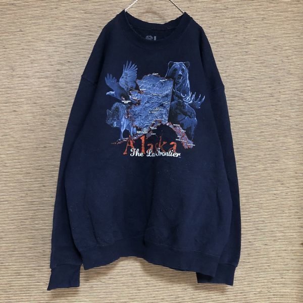 フルーツオブザルーム スウェット アラスカ アニマル クマ オオカミ ベアーB裏起毛 古着 人気 入手困難 激レア トナカイ 紺色拍卖
