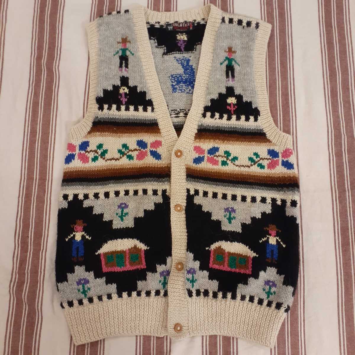 INCA TEX アルパカ 100% ベスト ペルー製 ベージュに黒拍卖