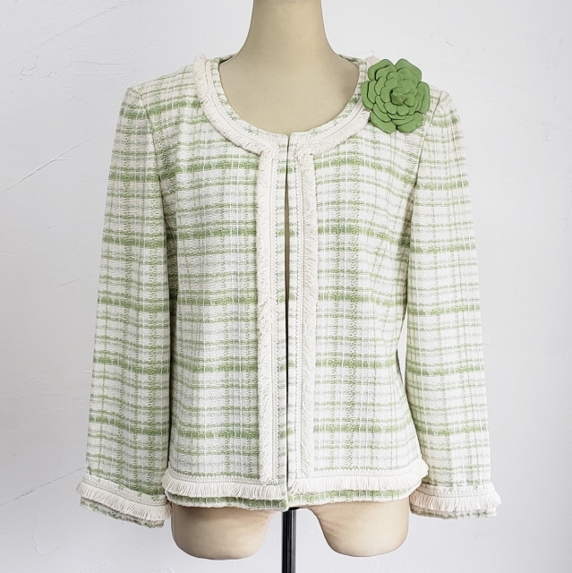 セントジョン ツイード ノーカラー ジャケット USA製 8 春 フォーマル コサージュ付き ST.JOHN collection 拍卖