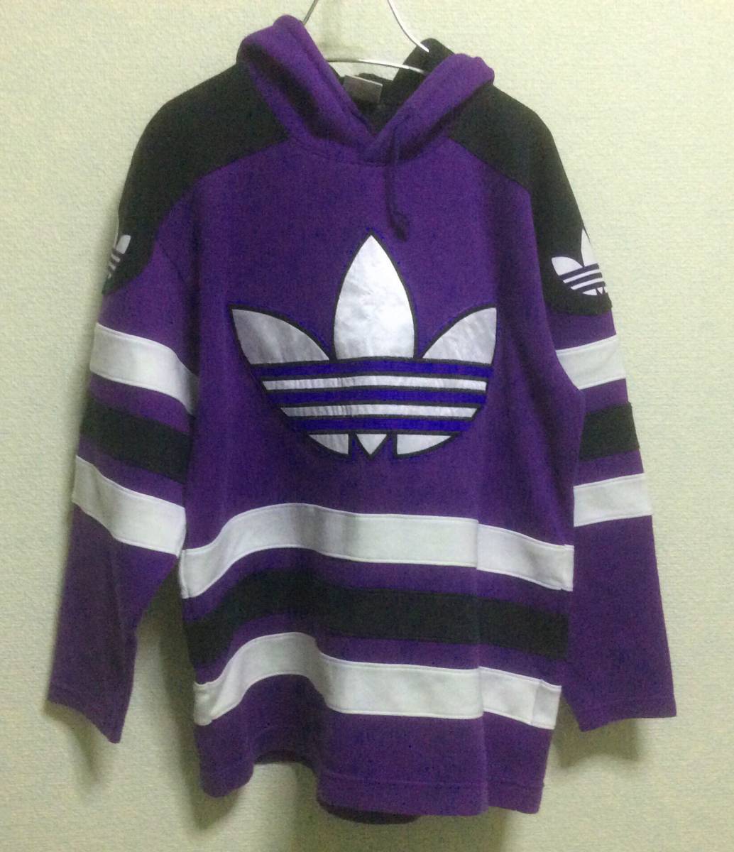 レア☆80's デサント製 adidas/アディダス トレフォイル スウェットパーカー サイズS-M パープル ビンテージ拍卖