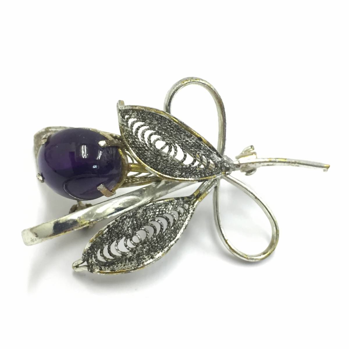 【ブローチ】約3×5cm 花束のようなデザイン ブーケ 透かし シルバー アンティーク アメジストのような紫 銀色 剥げあり拍卖