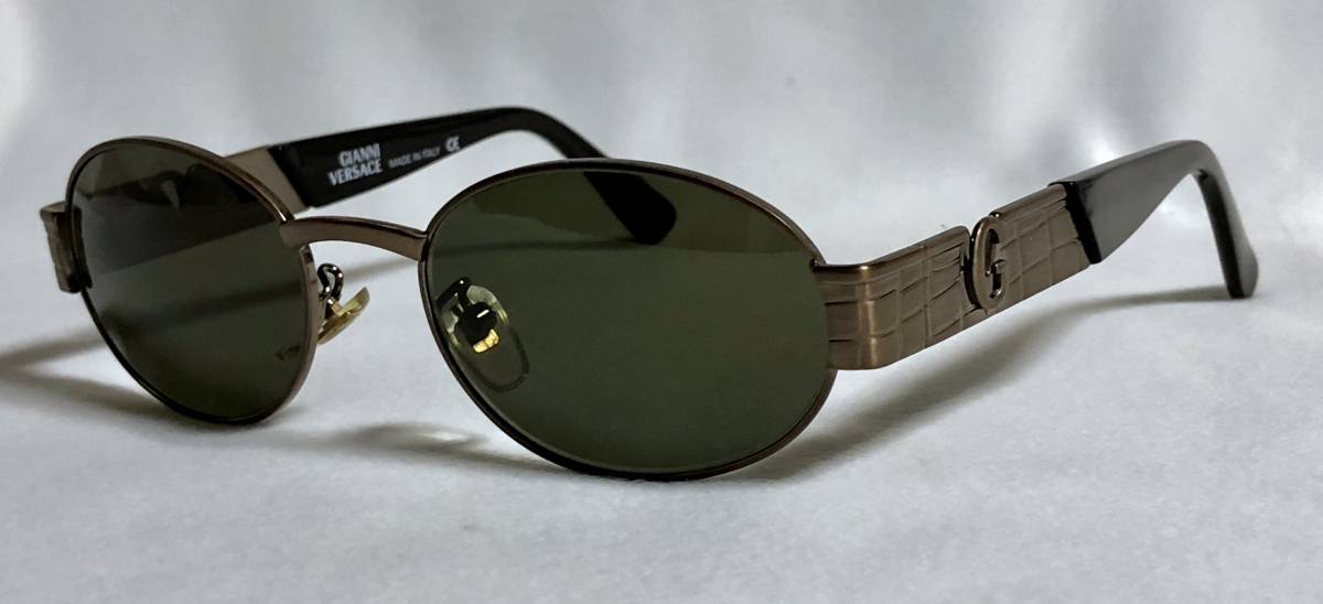 正規美 絶版 ヴェルサーチVERSACE Gロゴヴィンテージサングラス クロコ調テンプル×ブロンズメタル×ブラック MOD S22 眼鏡〇 男女兼用可★拍卖