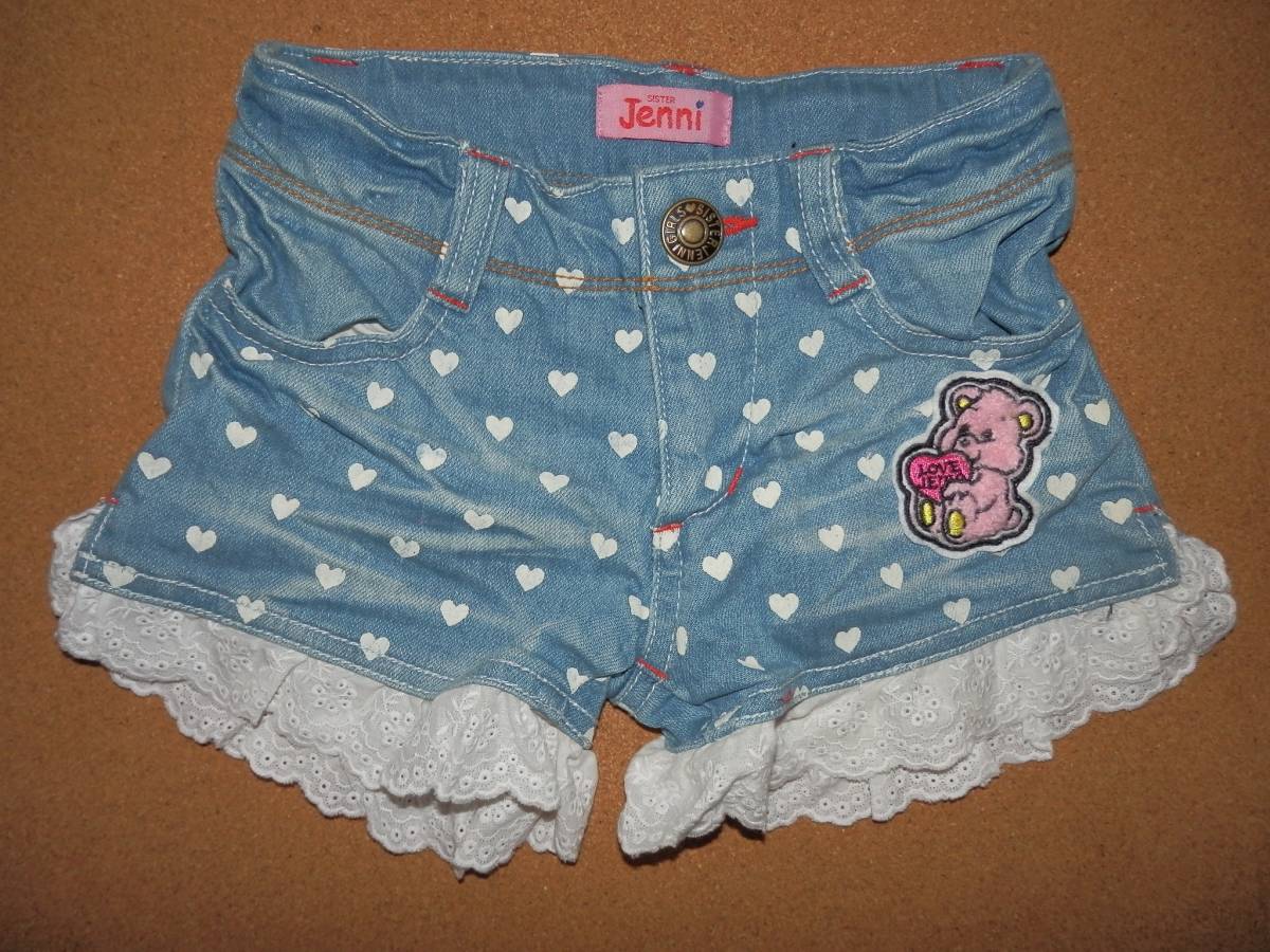 USED品★SISTER JENNI ワッペン&レース付き 色落ち加工 ショートデニムパンツ 110拍卖