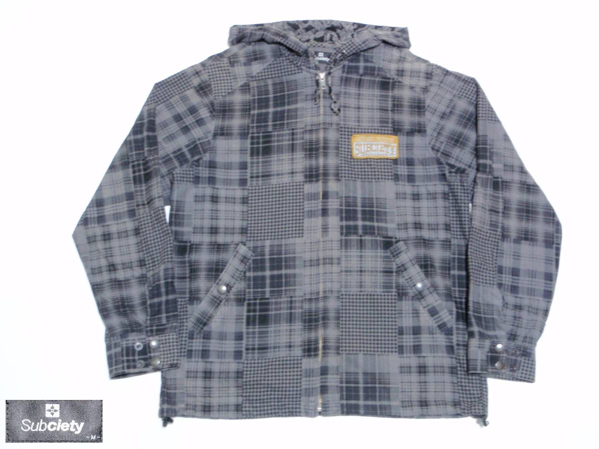 USED サブサエティ Subciety ロゴワッペン付 チェック柄 ZIP UPパーカー薄手・シャツパーカー 灰 Mサイズ拍卖