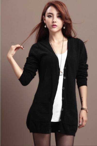 冬暖かいふんわりと肌触りのよい婦人用カシミヤのロングカーディガンM 黒拍卖