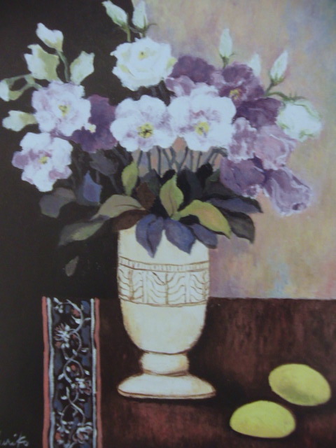 首藤百合子、【トルコ桔梗】、希少な画集画、新品高級額 額装付、状態良好、送料無料、絵画 静物画 花拍卖