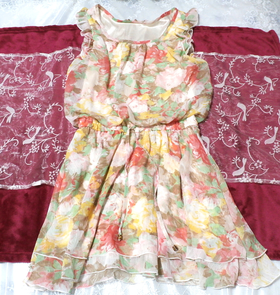 赤緑黄花柄フリルネグリジェチュニックワンピース Red green yellow floral pattern frill negligee tunic dress拍卖