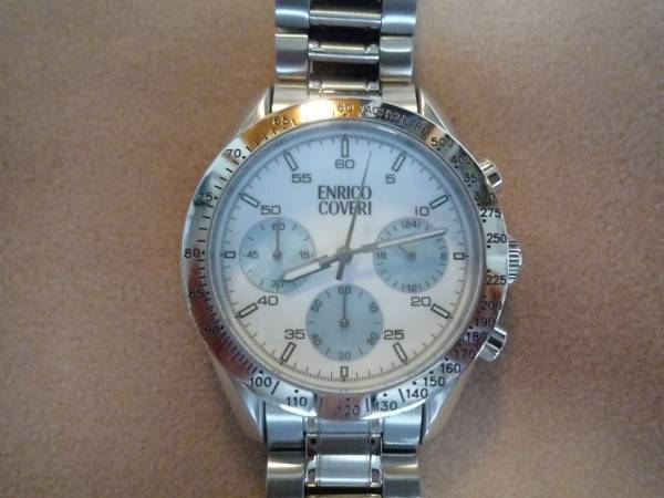 【ほぼ新品】エンリココベリENRICO COVERI●メンズ クロノウォッチ●ブルー・シェル+ホワイト・フェース拍卖