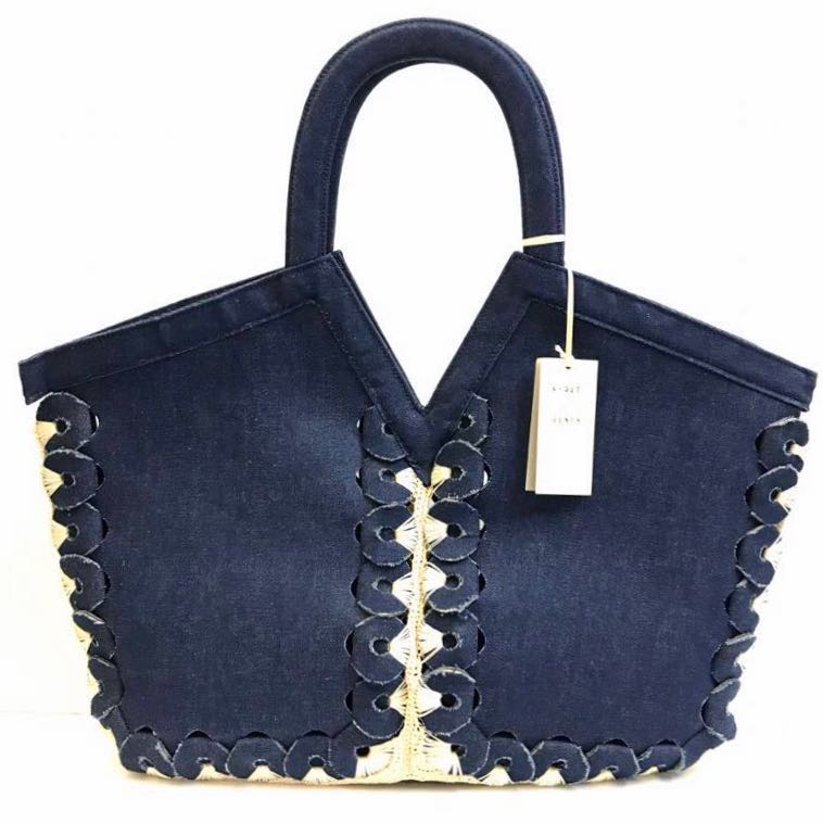 未使用 タグ 付き デニム 編み込み デザイン ハンドバック 内側 ポーチ 付き コットン 100%拍卖