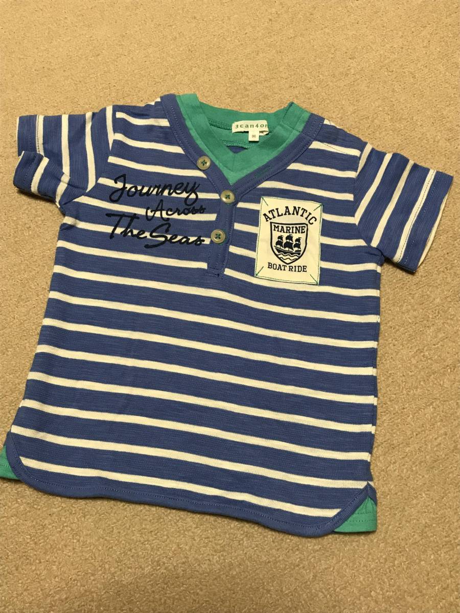 ☆中古☆美品☆3can4on サンカンシオン 半袖 ボーダー柄 Tシャツ ブルー サイズ90拍卖