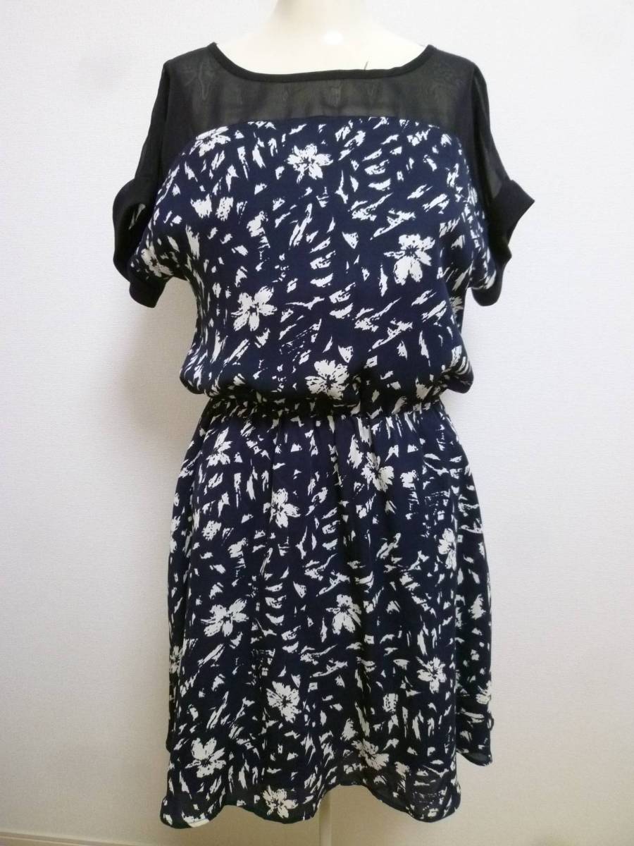 PAGEBOY/ページボーイ♪紺花柄胸元レース透けシフォンフレアーワンピースF/ネイビー膝丈♪131拍卖