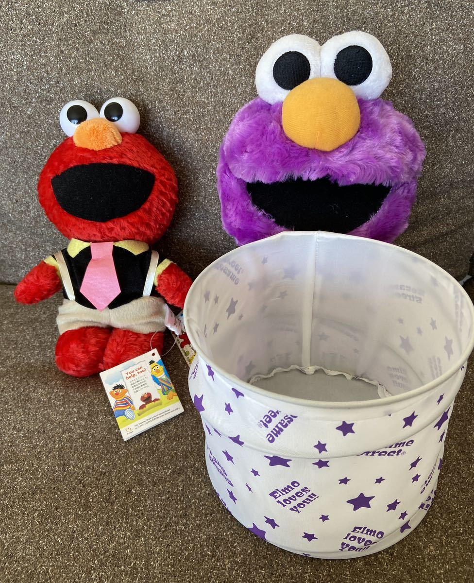 送料無料 タグ付き セサミストリート エルモ ぬいぐるみ ダストボックス セット拍卖