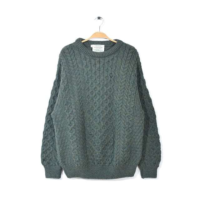 【送料無料】 CLADYKNIT アイルランド製 フィッシャーマンセーター ハンドニット 深緑 アランニット ケーブル編み L 古着 @CH0992拍卖