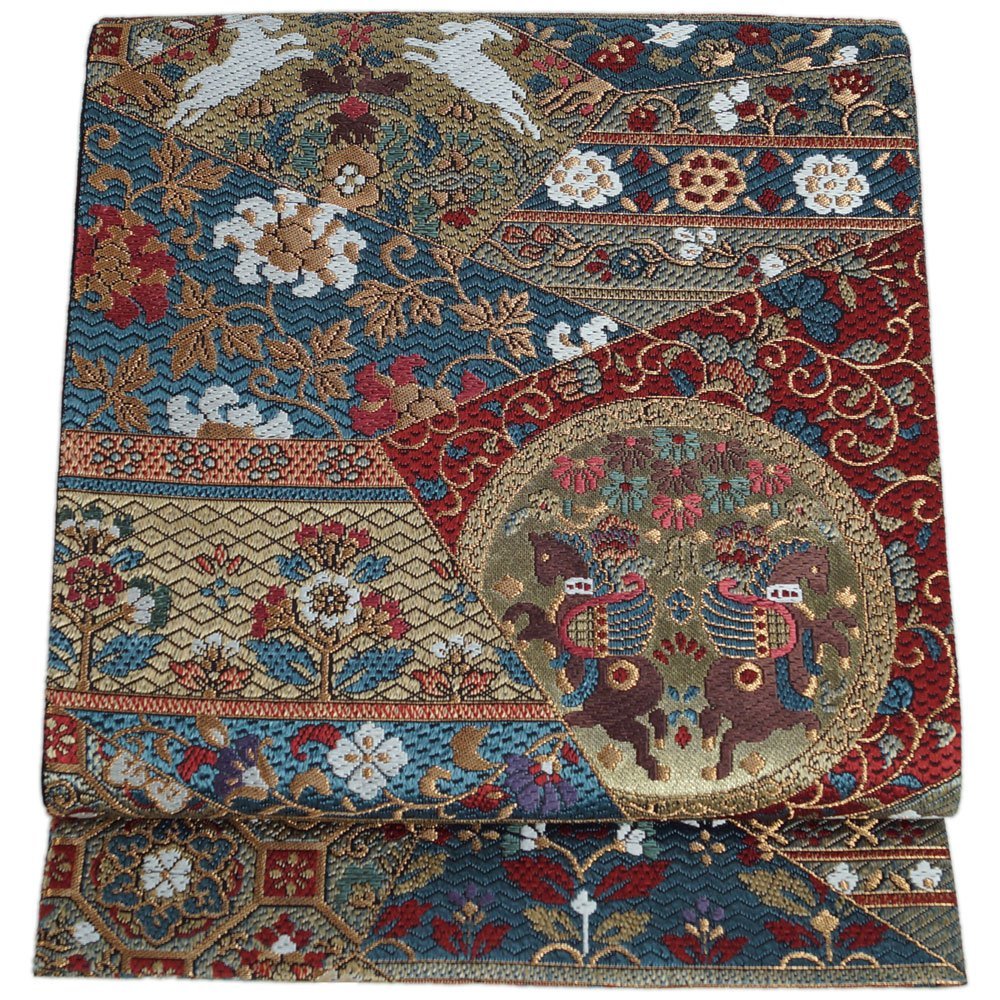 袋帯 全通総唐織 最高級特選帯 唐織 裂取に更紗、馬、蜀江模様 金糸 フォーマル 帯 中古 リサイクル着物 女性和服 着物 仕立て上がり 天陽拍卖