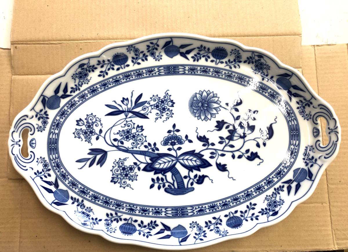 未使用保管品★HUTSCHENREUTHER フッチェンロイター★ブルーオニオン サービスオーバルプレート 横44㎝ 特大トレイ拍卖