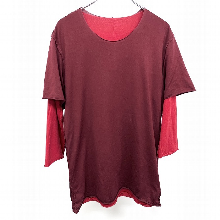 ATTACHMENT アタッチメント 2 メンズ 男性 レイヤードTシャツ カットオフ 重ね着 無地 Uネック 7分袖 日本製 綿100% ボルドー×レッド 赤系拍卖