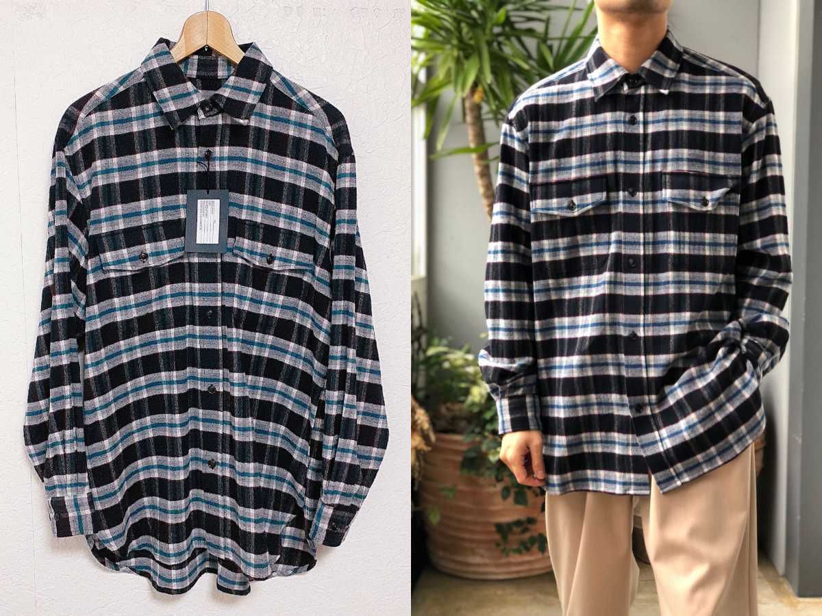 未使用 URU カシミヤ混 ウール シャツ チェック ネル フリー サイズ ブルー ネイビー L~XL オーバー カシミア フラン ウル 長袖 青 柄 新品拍卖