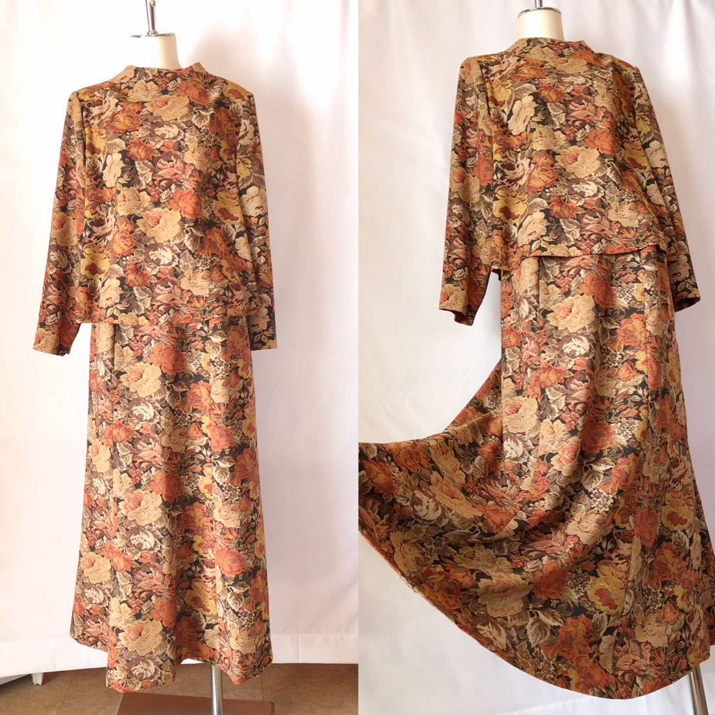 春秋用花柄長袖カットソーブラウス&ロングスカート2点セットスーツ大きいサイズ13号2XL-3XL♪ブラウン茶系ポリエステル100%拍卖