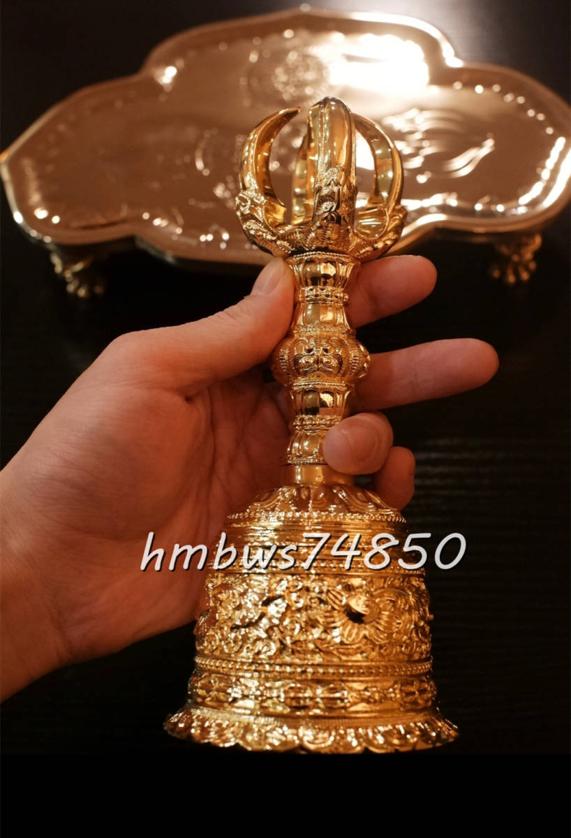 「密教法具 寺院仏具」真言宗 五鈷鈴 金剛鈴 仏教工芸品 筋彫り 真鍮製 24K 金メッキ加工 蓮華型法具拍卖