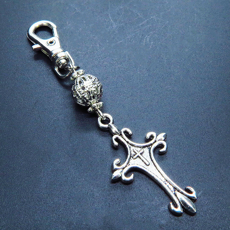 アンティークシルバー ゴシック調ロザリオとメタルビーズを組合せたキーホルダー バッグチャーム 金具変更可拍卖