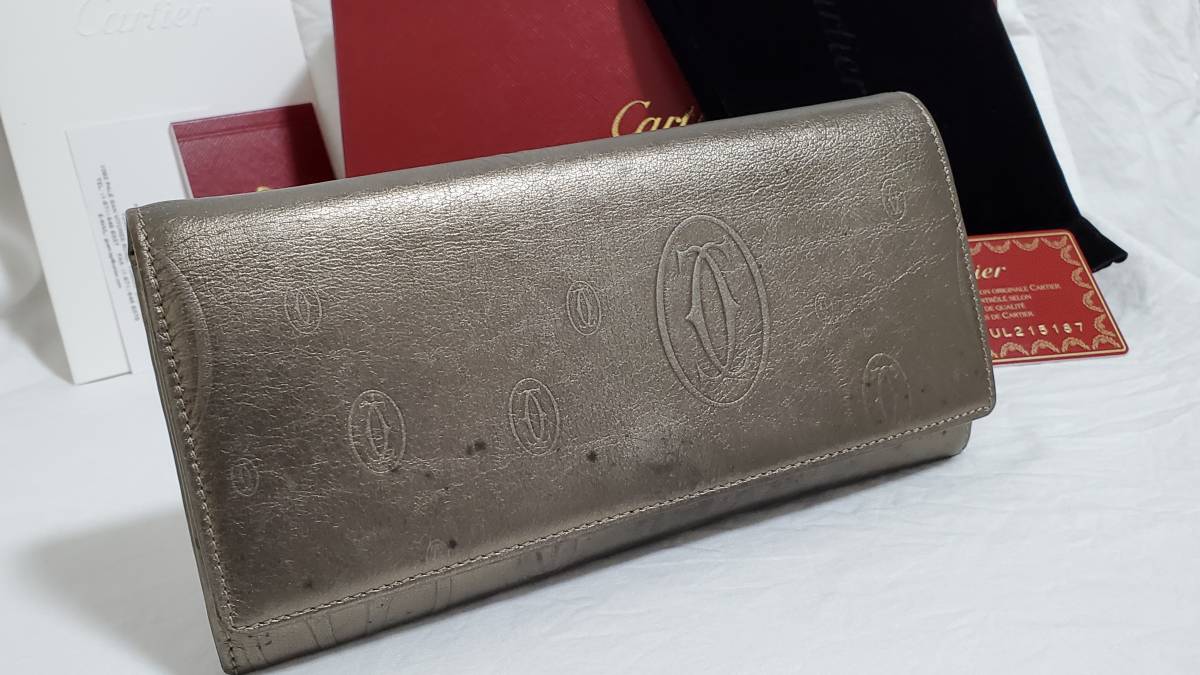 正規レア Cartierカルティエ ハッピーバースデー 2Cランダムロゴ レザー長財布 銀灰系 ラグジュアリー ロングウォレット 小銭入れ有 付属有拍卖