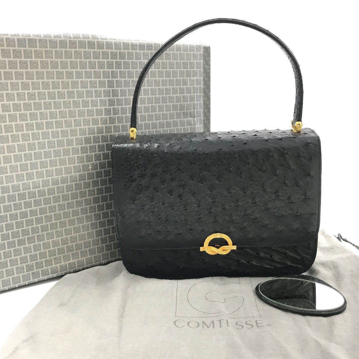 COMTESSE コンテス オーストリッチ ロゴ金具 ハンド バッグ ブラック 未使用保管品 M9524拍卖