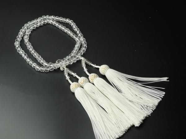 ▼三作▼送料無料 女性用数珠 本水晶切子 2連 正絹白房 No,7拍卖