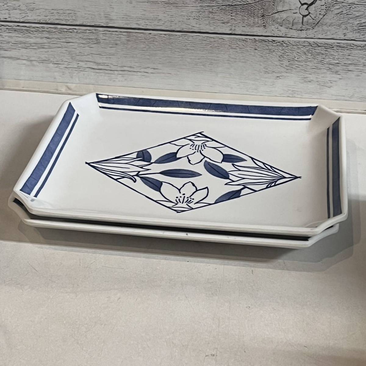 プラスチック プレート 角皿 長角皿 青花柄 2枚 割れない食器拍卖