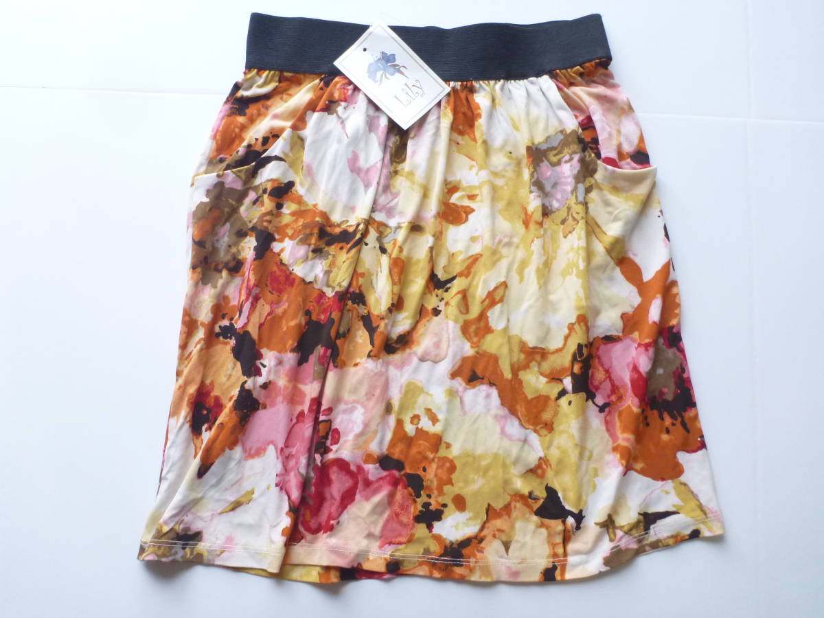 新品 Lily リリィ★茶×オレンジ 両サイドポケットあり スカート M拍卖