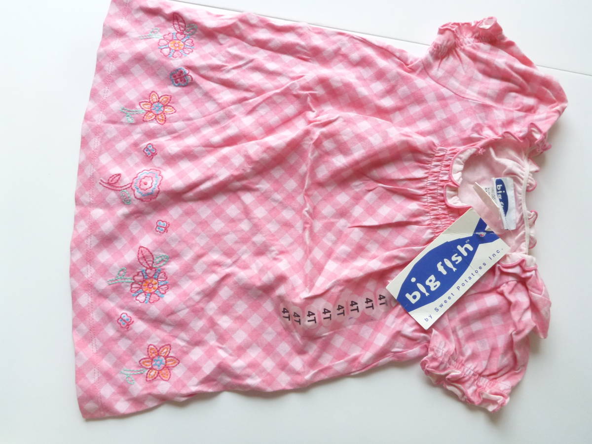 新品 bigfish ★ピンク チェック柄 刺繍フラワー チュニック カットソー 4 100相当拍卖