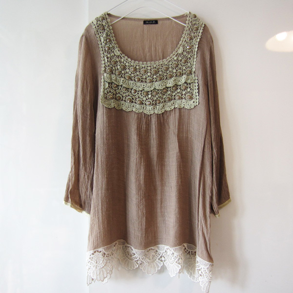 N.O.T. レース刺繍ビーズ付き スモッグブラウス ベージュ アセテート拍卖