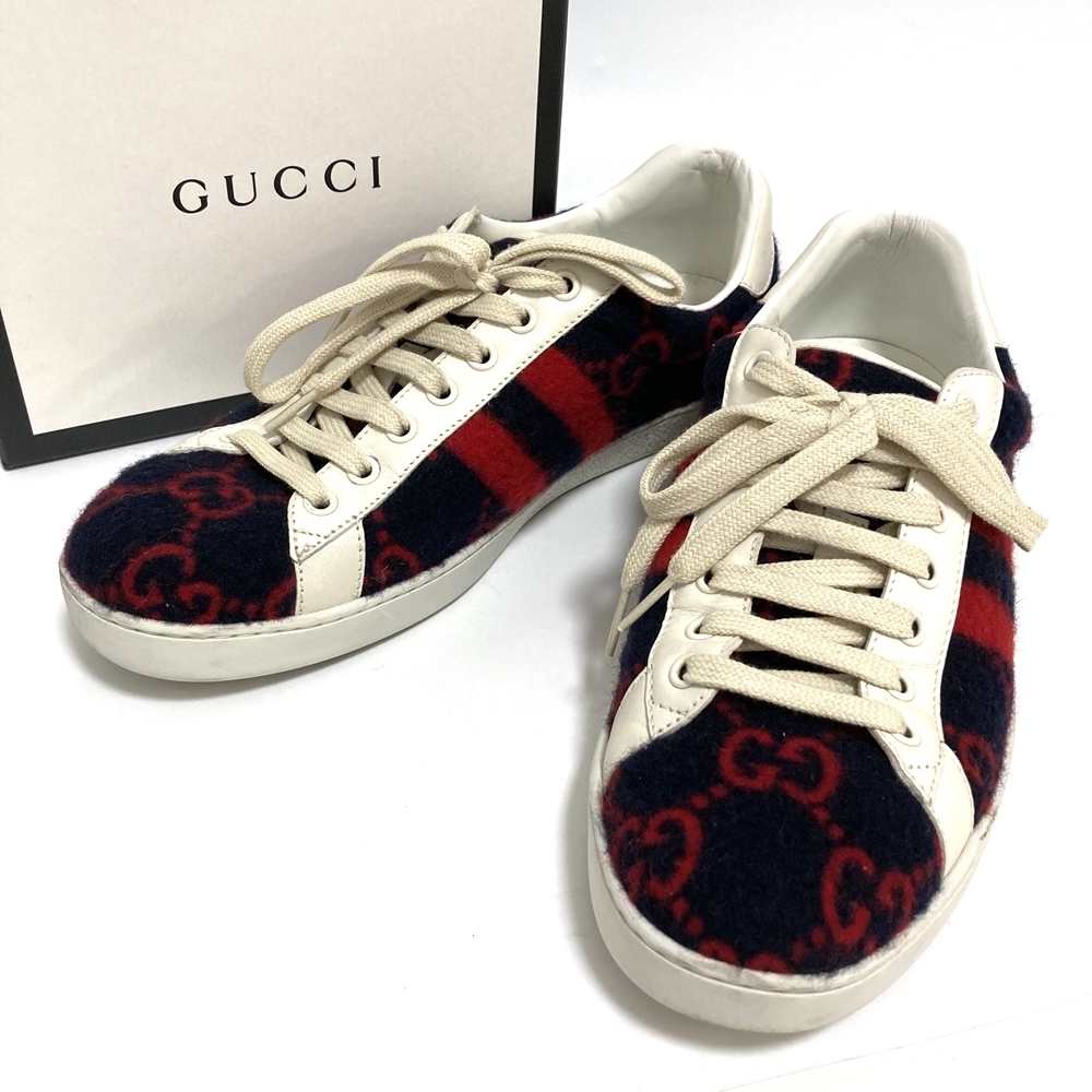 グッチ GUCCI メンズ スニーカー エース GGウール 548695 ネイビー レッド サイズ 7 1/2 25.5cm 中古 かんてい局亀有店10119拍卖