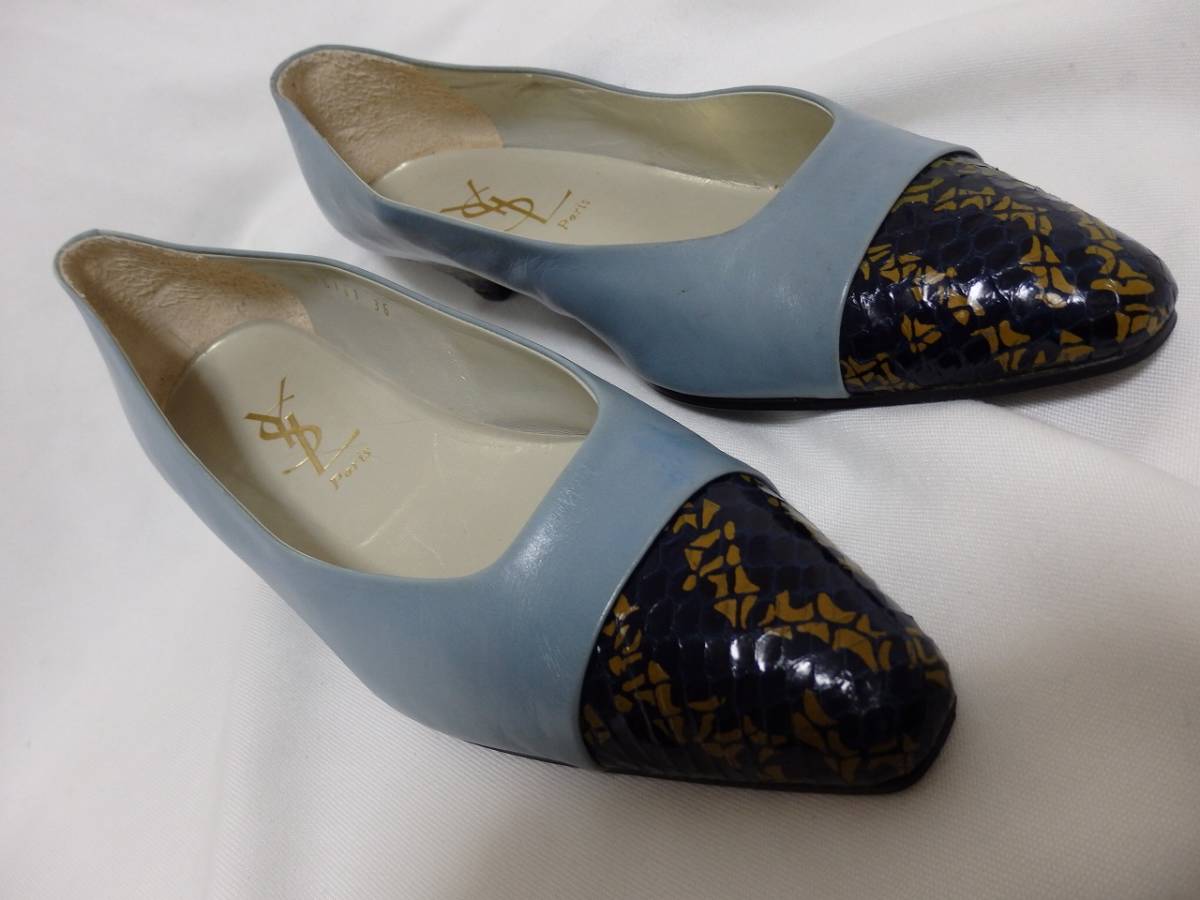 サンローラン Yves Saint Laurent ブルーレザー ローヒールパンプス 36表示22.5㎝相当 中古 リーガル社製 拍卖