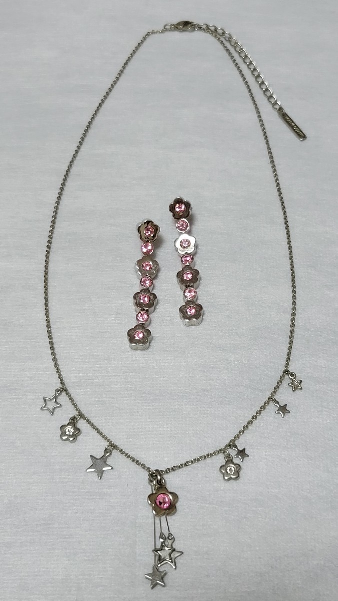 マリークワント MARY QUANT ネックレス・ピアスセット チョーカー ラインストーン デイジー 星 シルバー×ピンク ピンクストーン ビジュー拍卖