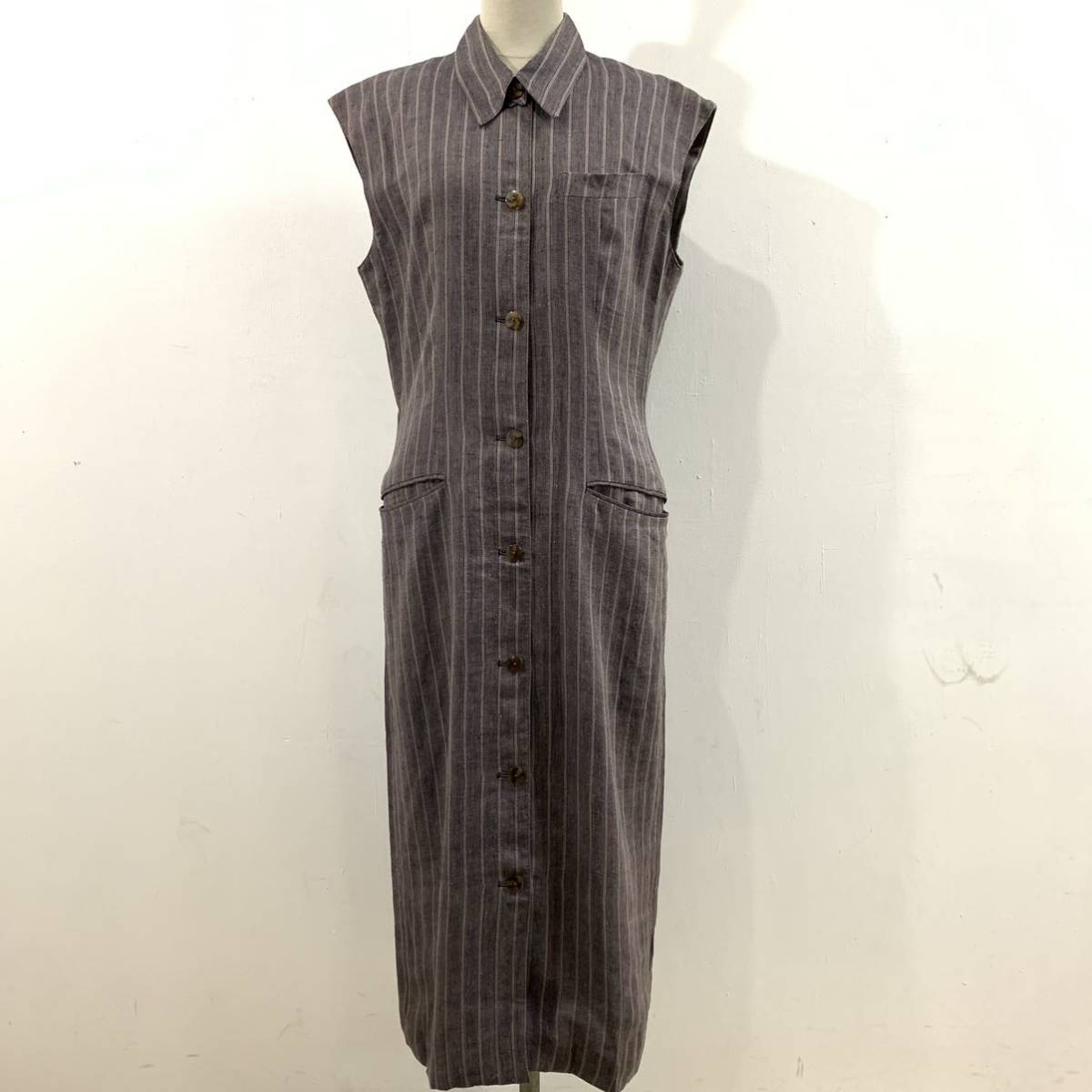 JEAN PAUL GAULTIER リネンワンピース デザイン 襟着脱可能 ロングワンピース ストライプ ジャンポールゴルチエ【送料一律/同梱可能】F拍卖